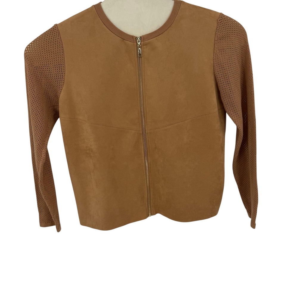 Sioni Cardigan Jacket Women XL Tan Faux Suede Mesh Sleeve Rhinestone Zip Mixed
